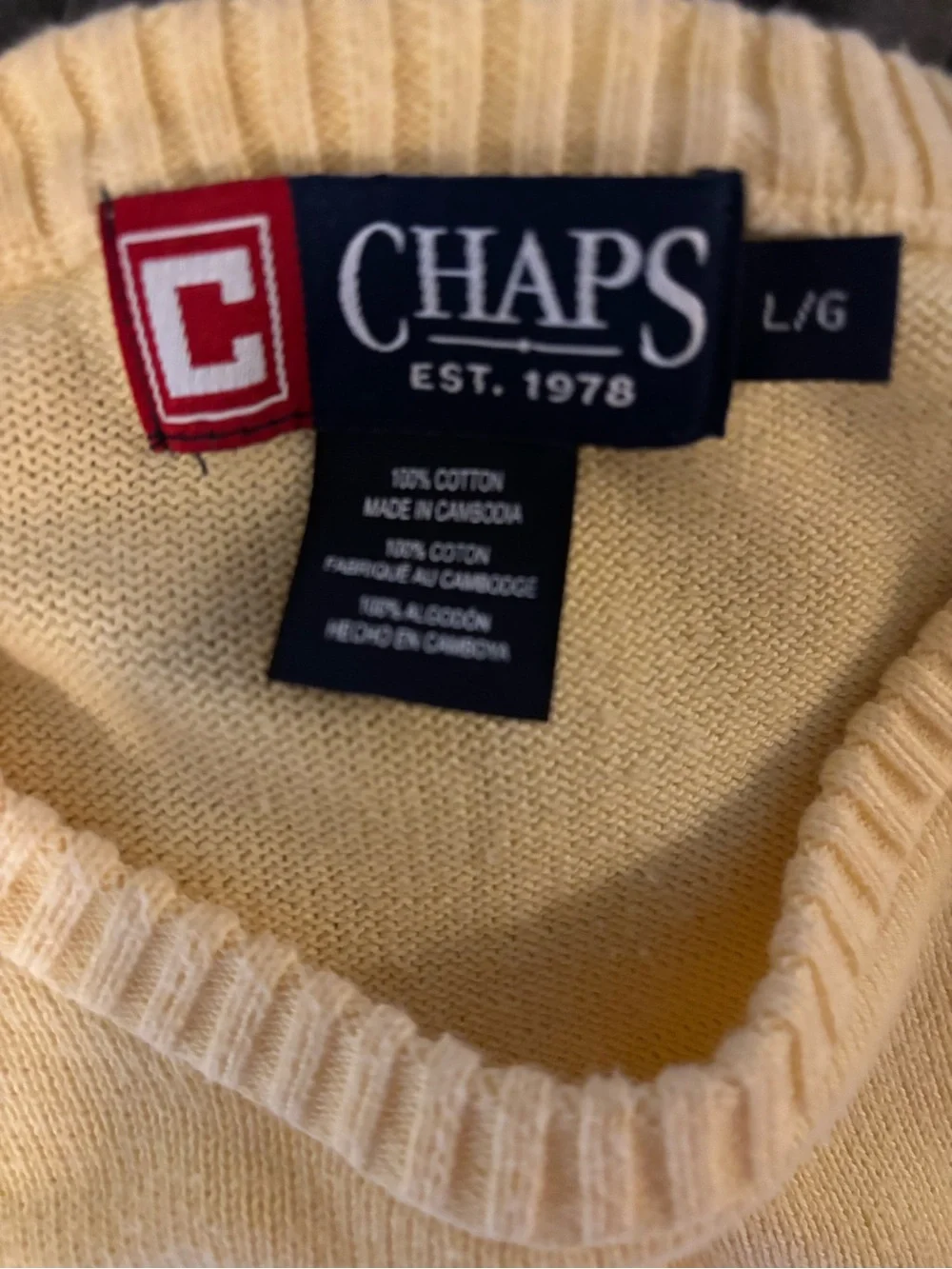 Chaps Men's Yellow Crewneck Sweater with Black Chest Stripe